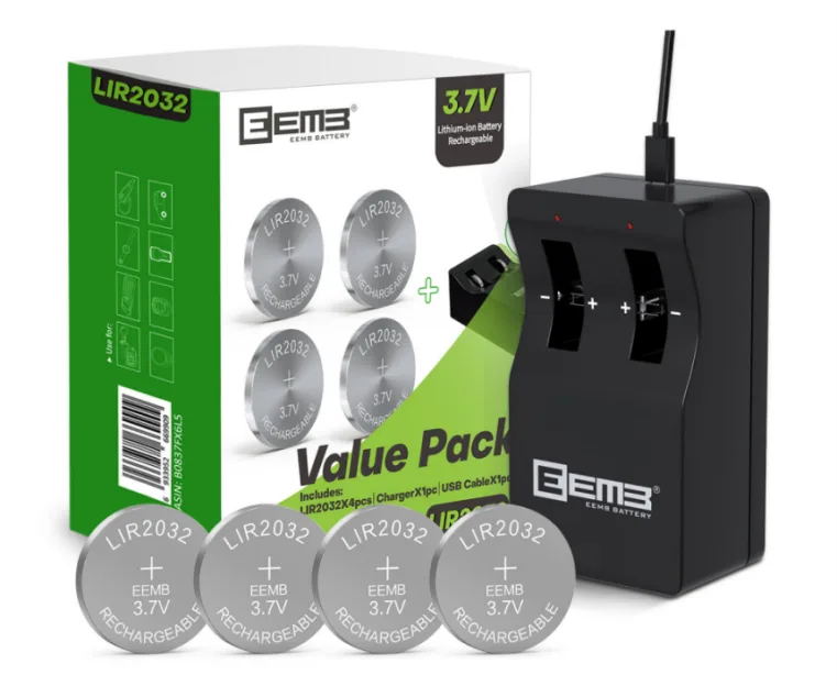 Recalled EEMB Lithium-ion Coin Battery Charger with Rechargeable 2032 Batteries