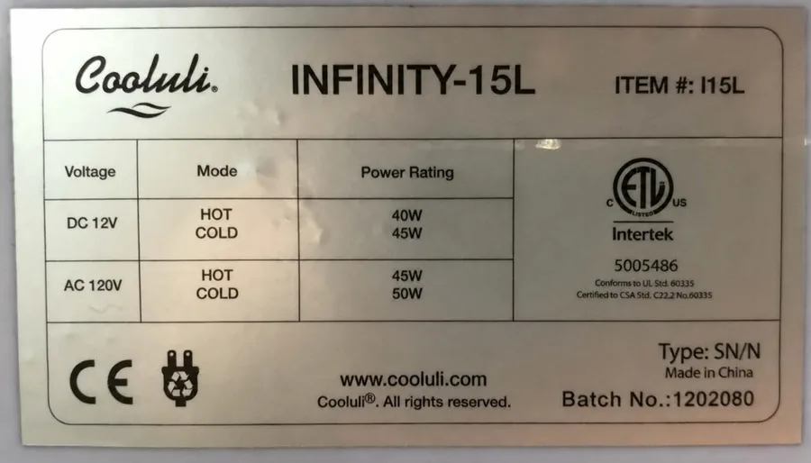 Model (ITEM #:) and batch number located on a label inside of the door of the recalled minifridge